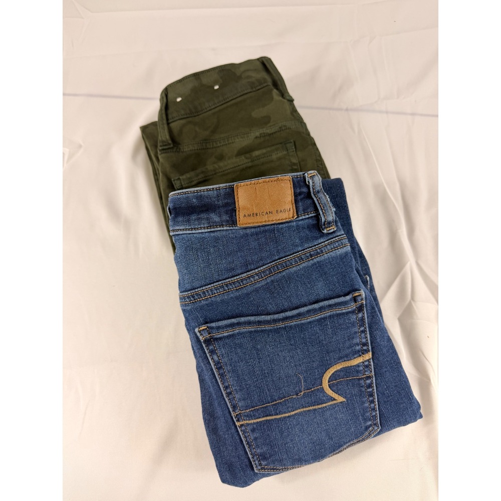 AE 2PK Skinny Jeans 2 Long Green Camo Blue Denim High Rise Distressed